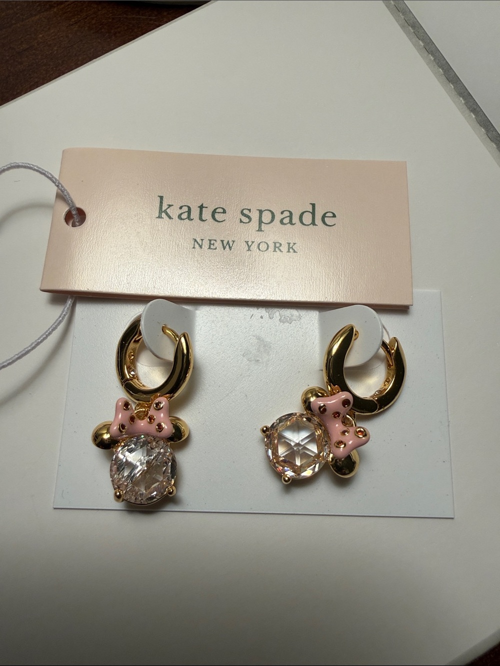 kate spade New York Pink & Gold Minnie Mouse Bow Crystal Drop Earrings